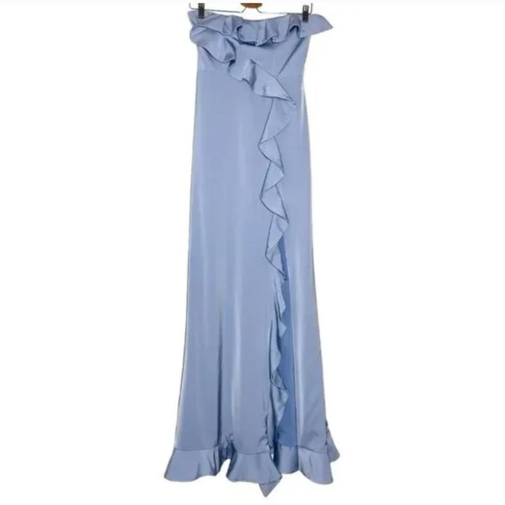NBD Blue Strapless Ruffled A-line Gown